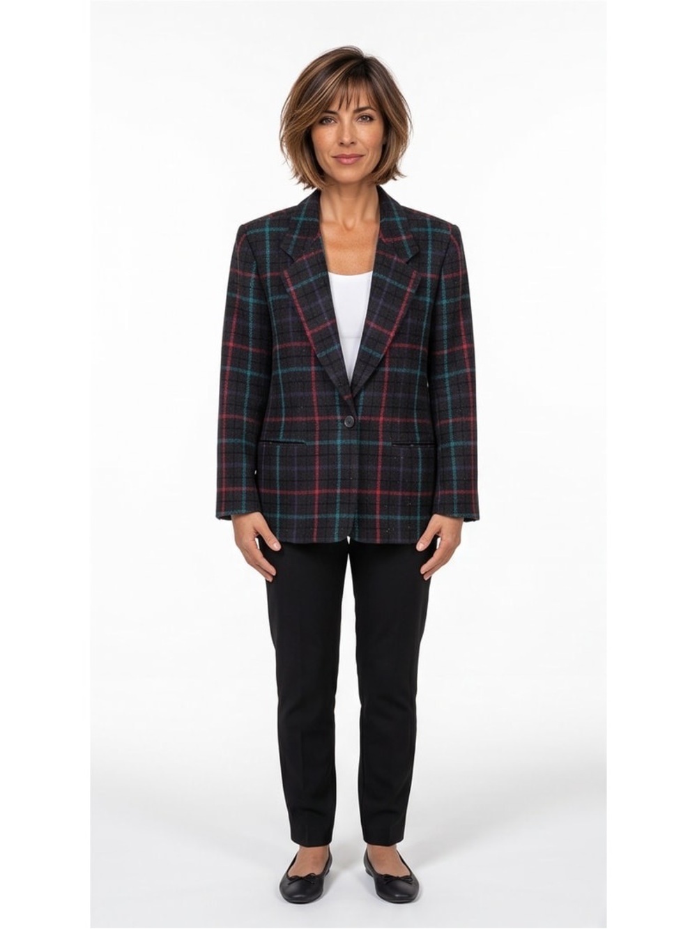 Vintage Joan Leslie Wool Blend Women’s Blazer Sz 10 Black Red Green Plaid Lurex